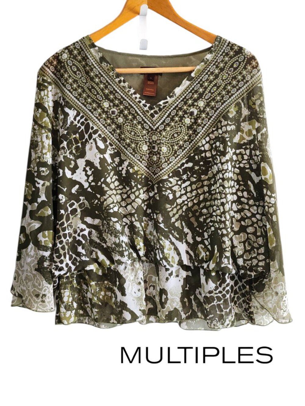 Multiples Mid Sleeve Blouse Olive Green Animal Print